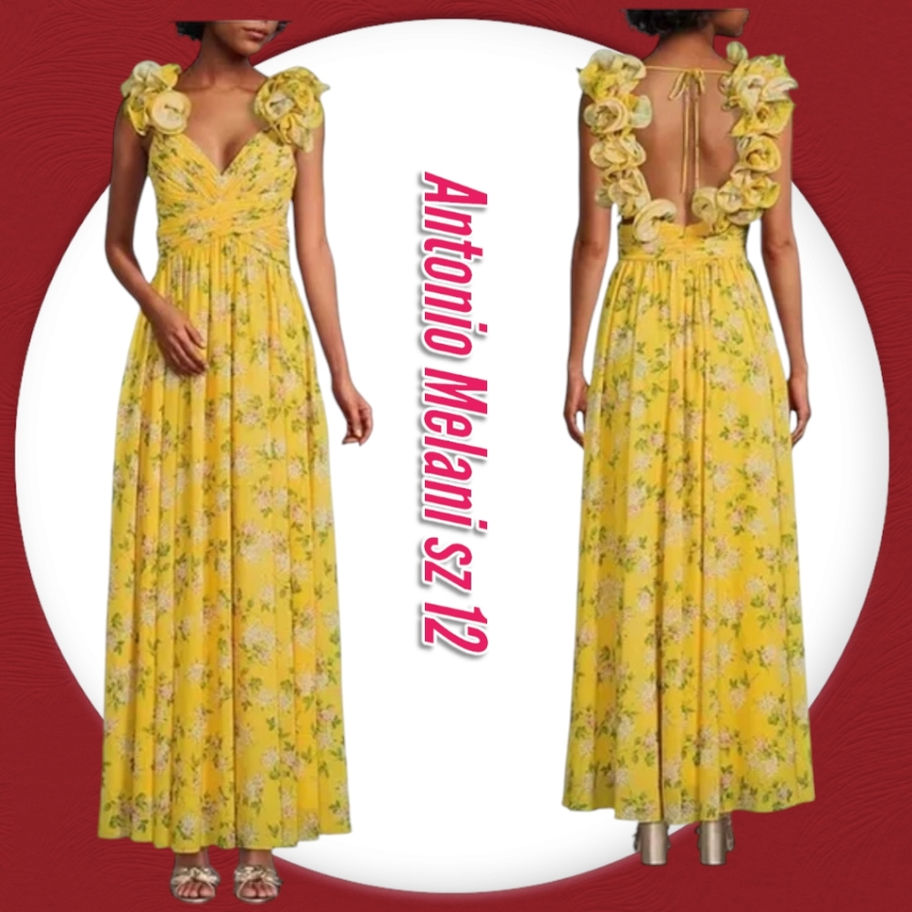 ANTONIO MELANI Manila Floral Print Rosette Sleeveless V- Neck Cutout Maxi Dress